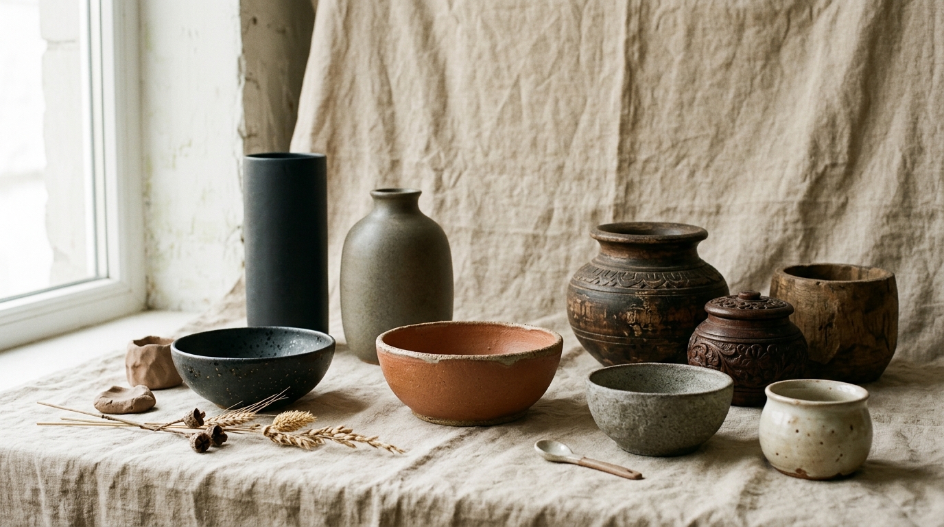 Vase din ceramică artizanală și obiecte decorative din lemn sculptat