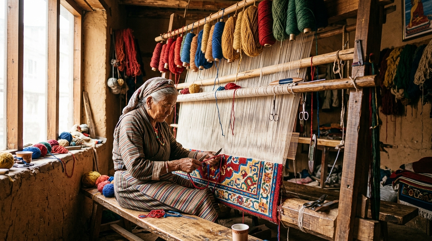 Maestru țesător tibetan lucrând la războiul vertical de țesut